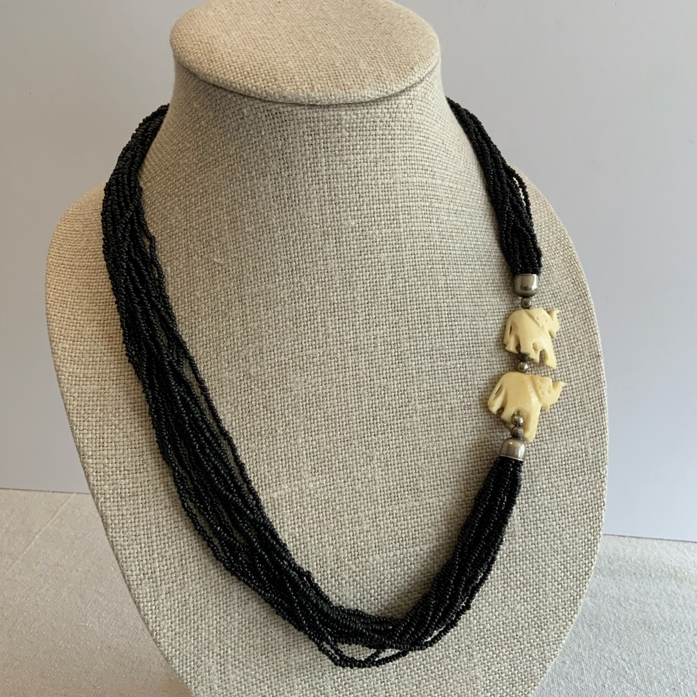 Black Beaded Elephants Necklace